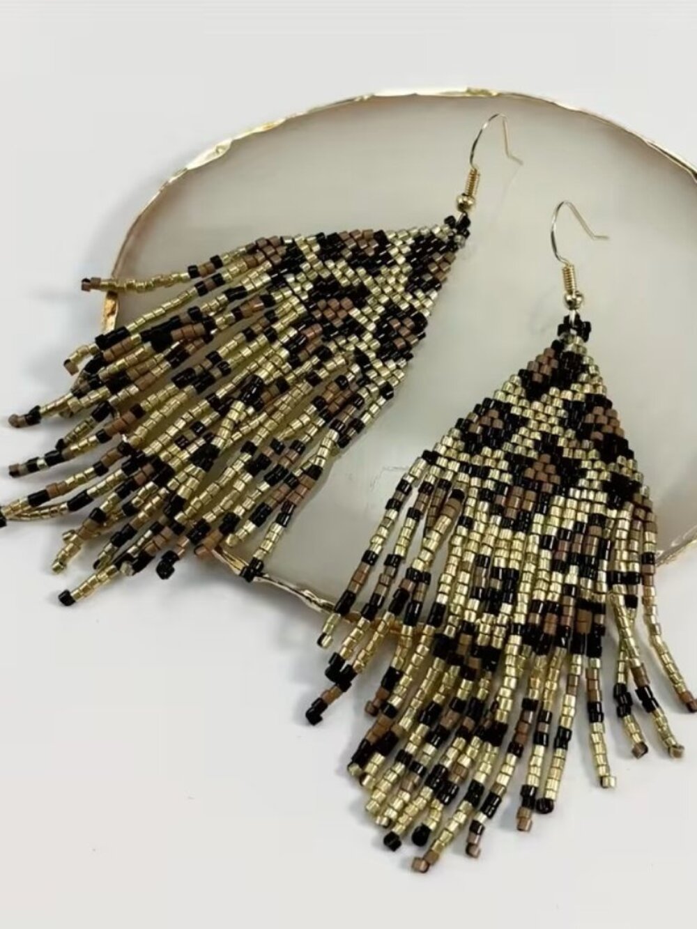Handmade Beaded Rice Leopard Print Tassel Dangle Earrings Z3
